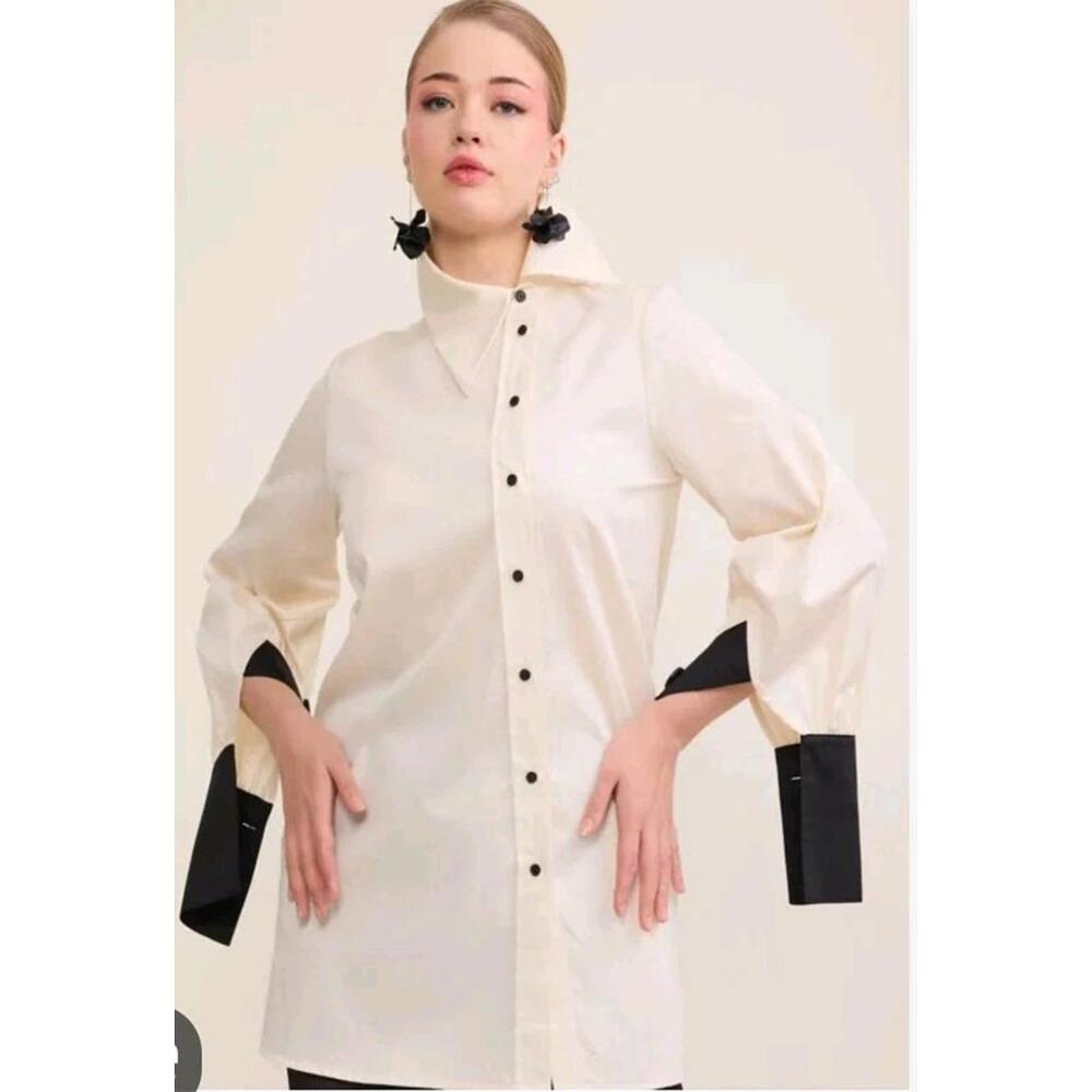 VERDA Ecru Black Trim Rare Cuffs  38/US 8 Tunic Blouse Asymmetric NEW #CC